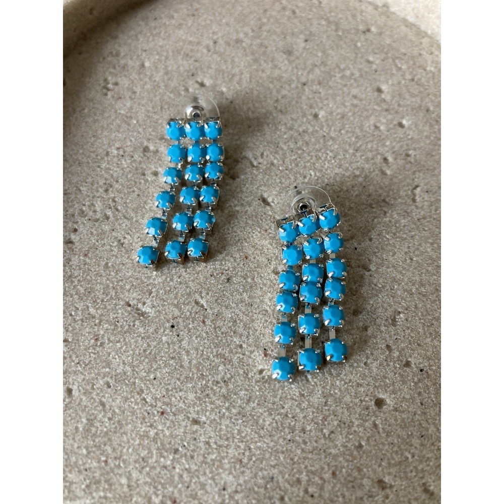Faux‎ Turquoise Beaded Dangle Earrings Silver Tone Fringe Southwestern Boho Blue